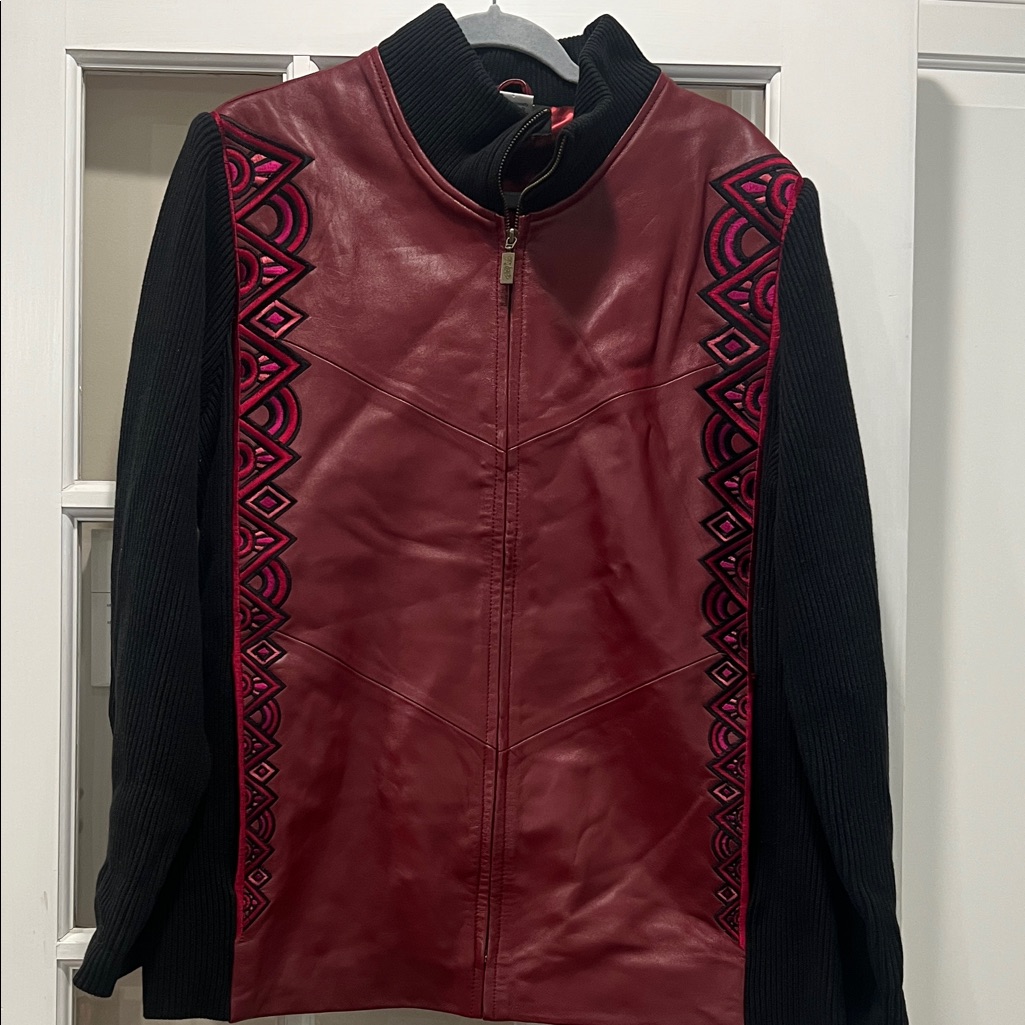Bob Mackie Burgundy And Black Leather Jacket Vintage